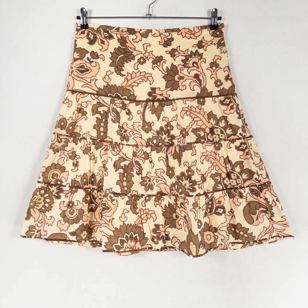 LOFT Skirt Womens 6 A Line Tiered Pink Brown Floral Sequins Lined Y2K Boho Glam